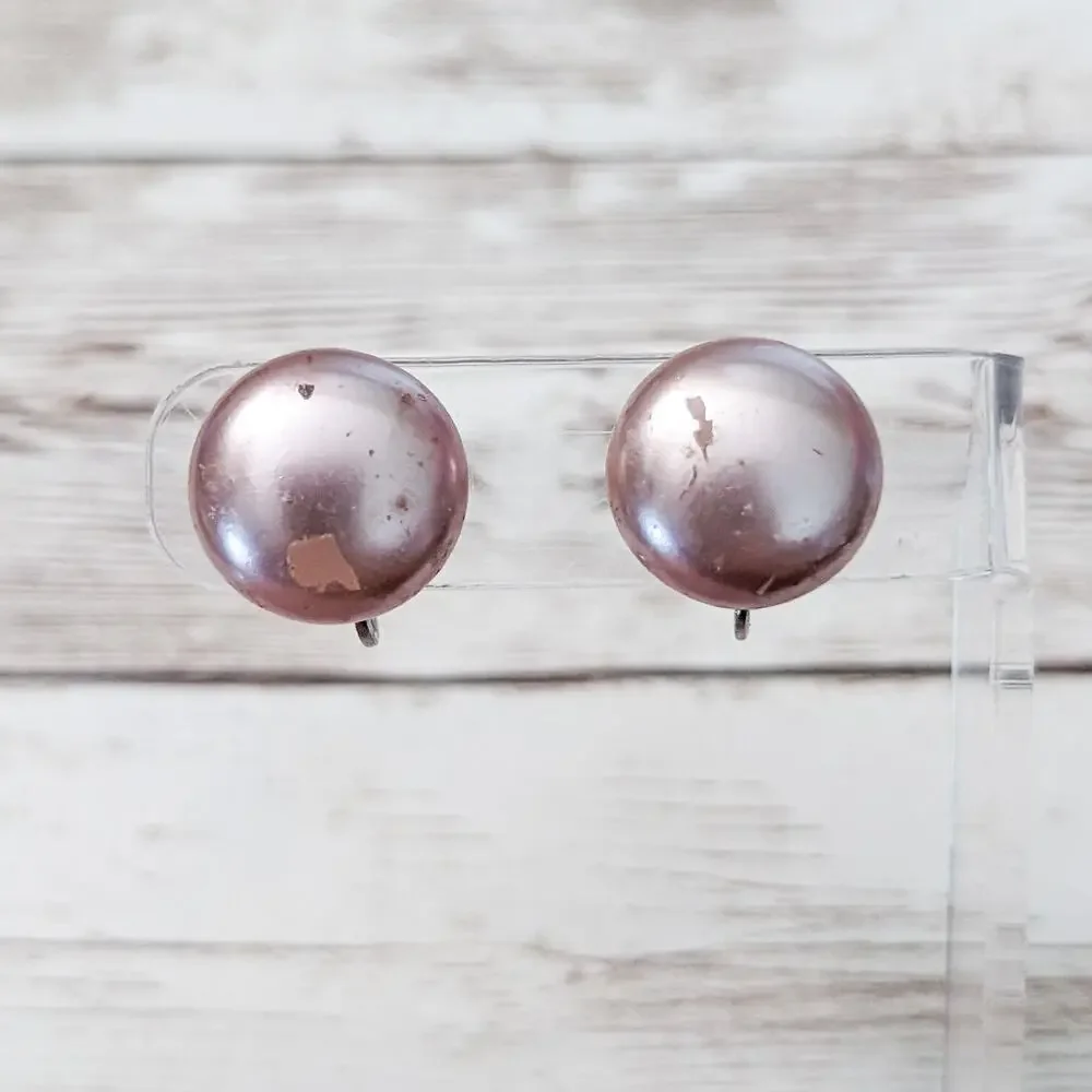 Vintage Screw On Earrings Pink Pearlescent - Poor Condition